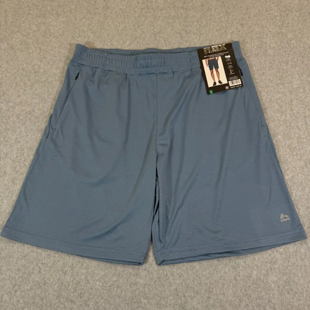RBX Men's Athletic Shorts Large L Slate Blue Interlock Stripe Zip Pockets 8